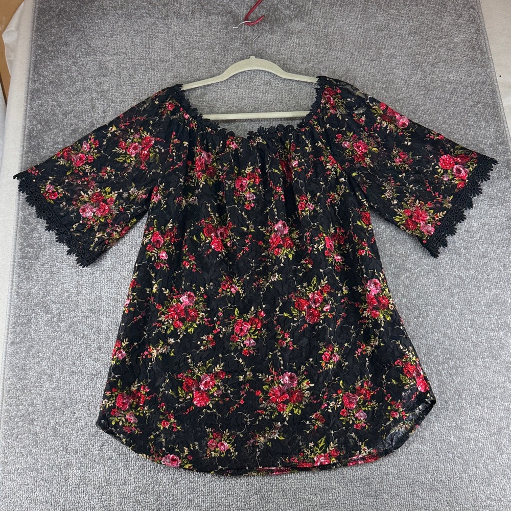 Miholl Short Sleeve Blouse Black Red Floral Semi Sheer Womens XXL - Picture 8 of 10